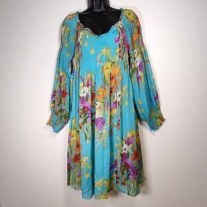 Vintage Teal Floral Chiffon Smocked Ruffle Neck Fairy Boho Dress 90s to Y2K S